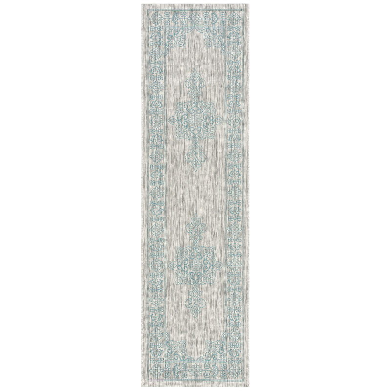 Tapis intérieur / extérieur gris / turquoise Arneshia, Tapis de couloir 2 pi 3 po x 6 pi 7 po