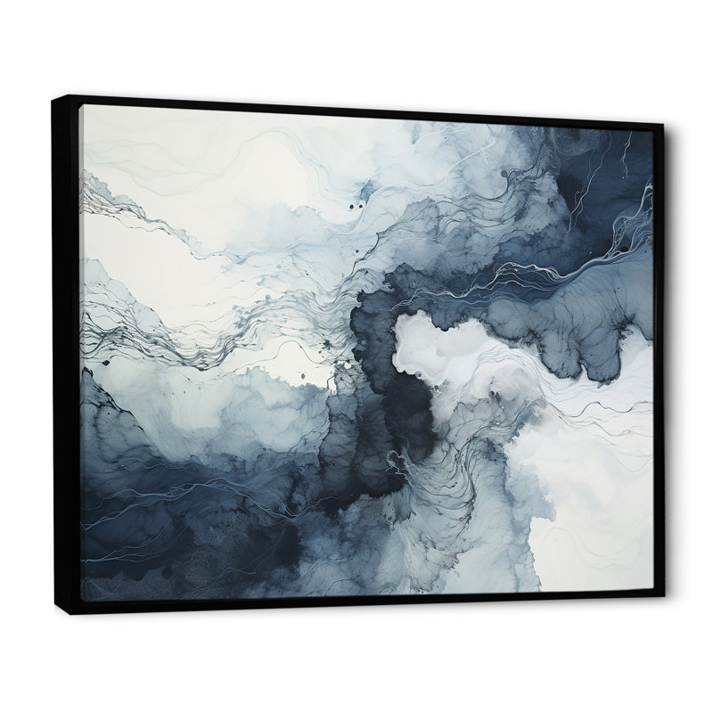 «Blue and White Marble River III», reproduction d'art sur toile abstraite, Cadre flottant noir, H 12 po x l 20 po x P 1 po