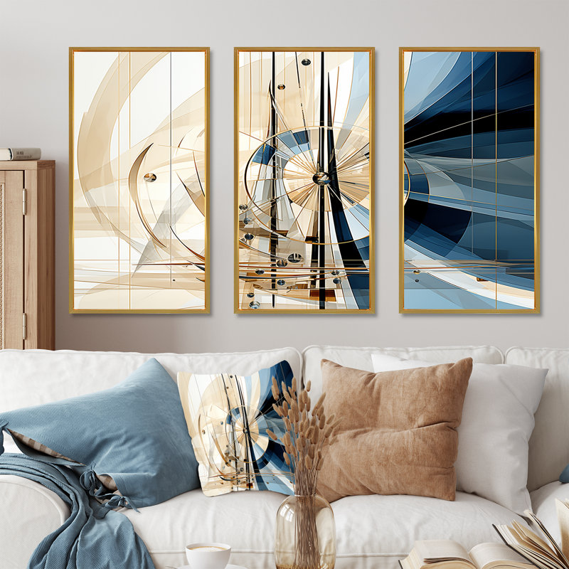 Art contemporain blanc et bleu formes de port - formes abstraites, Cadre flottant doré, H 28 po x l 36 po x P 1 po
