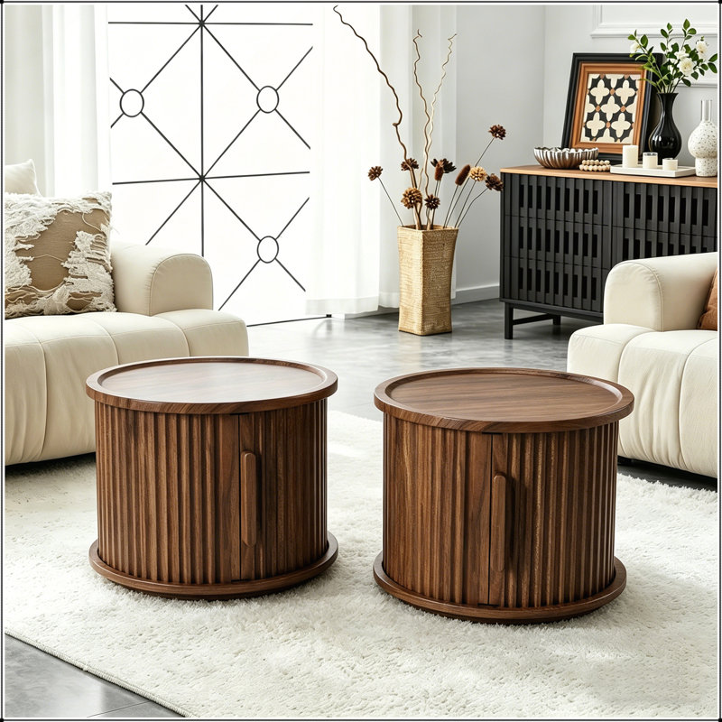 Ensemble de 2 tables basses rondes gigognes modernes avec rangement à porte coulissante pour le salon et la chambre.