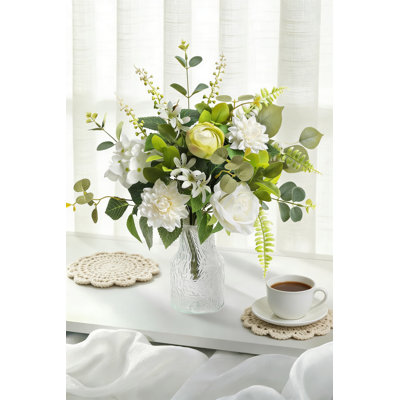 Artificial Silk Flower Arrangement In Vase, Farmhouse Table Centerpiece With Roses, Dahlia, And Eucalyptus For Home Decor, Dining Room, Living Room, Or Bathroom