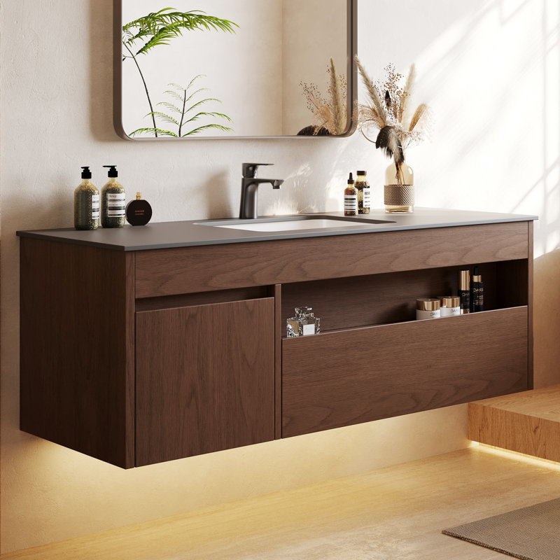 Meuble-lavabo simple 47,24 po avec plateau en pierre Solerno, bois massif, plateau en pierre gris foncé