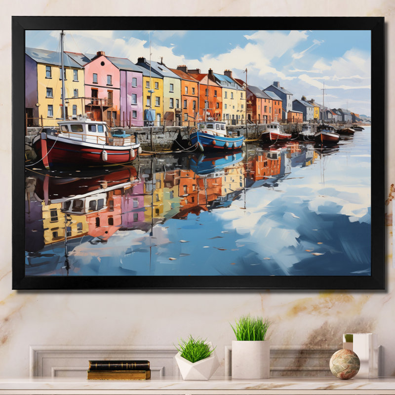 «Ireland Harbor Reflectionsan Acrylique I», reproduction encadrée, Cadre simple noir, H 16 po x l 32 po x P 1 po