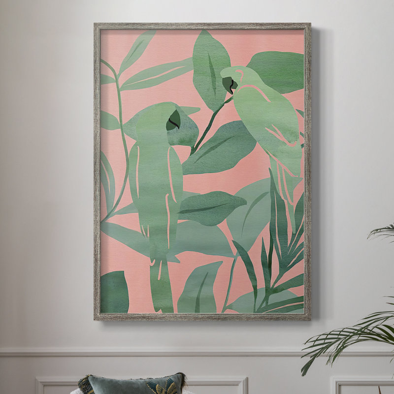 «Pink and Green Birds of Paradise II», reproduction encadrée - bois massif, H 11 po x l 9 po