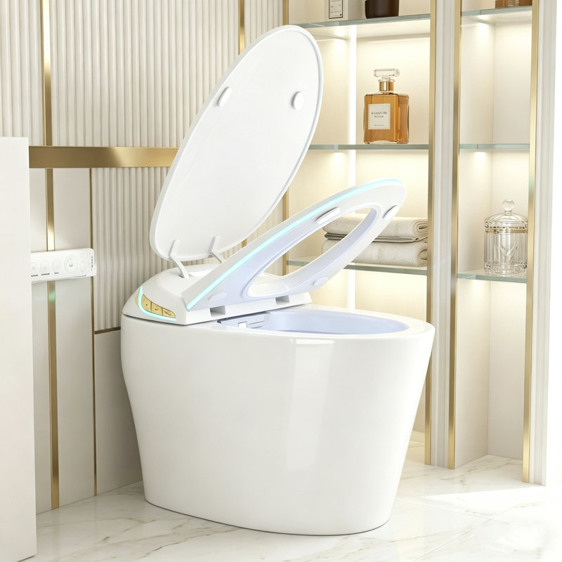 Toilette intelligente avec bidet, pile de secours, couvercle à ouverture / fermeture automatique, siège chauffant, eau chaude instantanée, chasse d'eau avec capteur de pied, télécommande, affichage à DEL