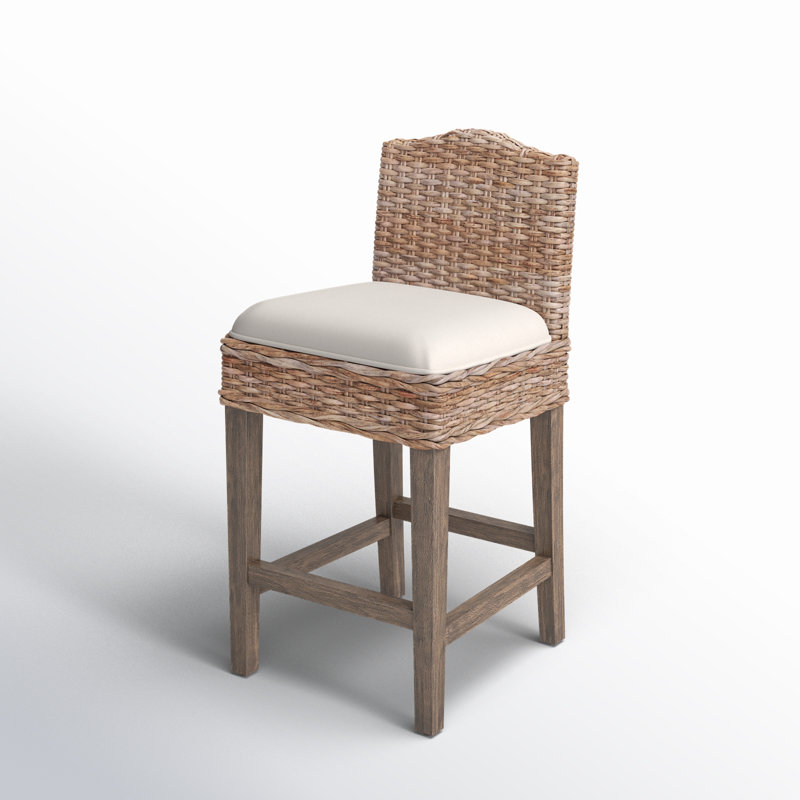 Kaia Rattan and Solid Wood Upholstered Stool, Counter Stool (25" Seat Height)