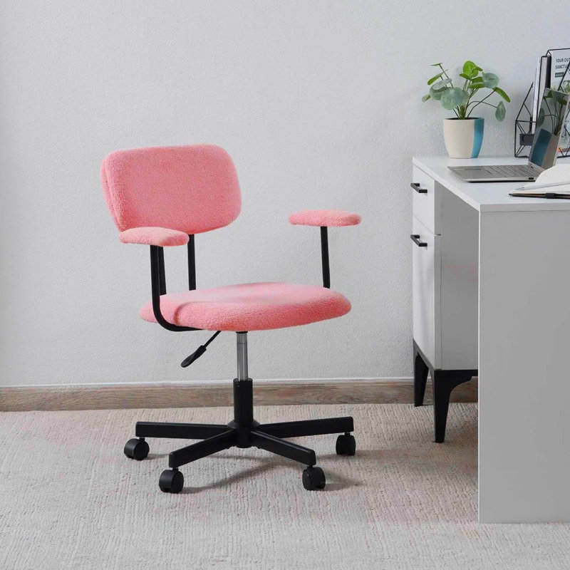 23'' Lamb Wool Armrest Task Chair - Adjustable Swivel with Tufted Back, Pink, Yes