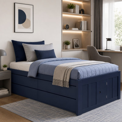 Captain Bed with 4 Storage Drawers,Side Storage Door, Wood Platform Bed Frame with Slat Support