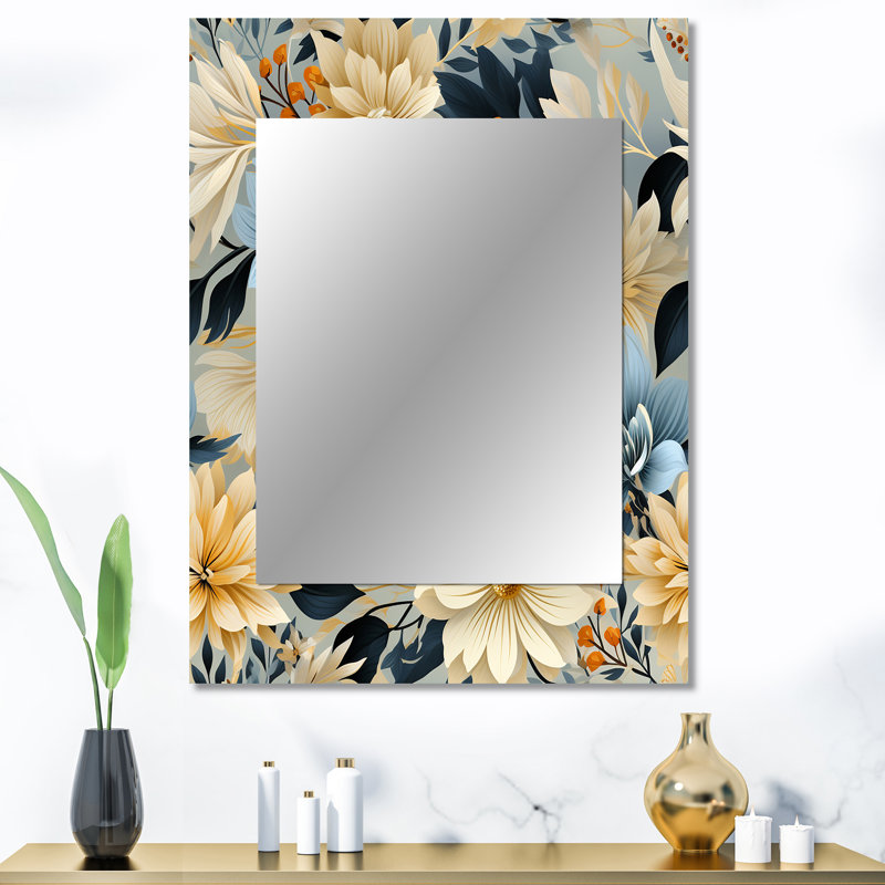 Claron Blue Boho Floral Harmony Dreams - Floral Mirror, Floral Unique Wall Mirror, Printed Metal Art, 40" x 30"