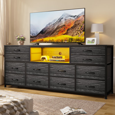63" W 12 Drawer Dresser for Bedroom, Long Dressers TV Stand Media Console with LED Lights & Power Outlets Wrought Studio Color: Gray