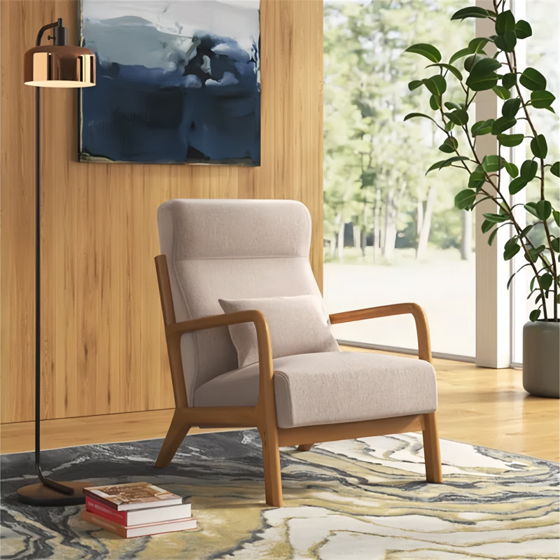 66cm Wide Mid-Century Solid Wood Frame Upholstered Armchair with Lumbar Support Pillow, Beige 