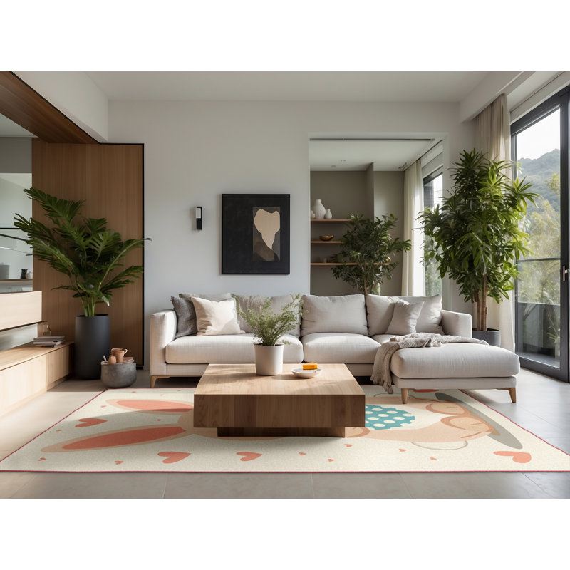 Soft Plush Fairweather Easter Modern & Contemporary Abstract Area Rug in Beige – Rose Binding, 2x3
