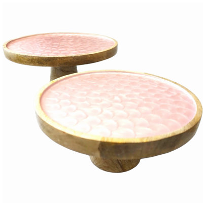 Hand-crafted Set Of Two Cake Stands  10" & 12" Natural Wood With Pink Enamel Inlay