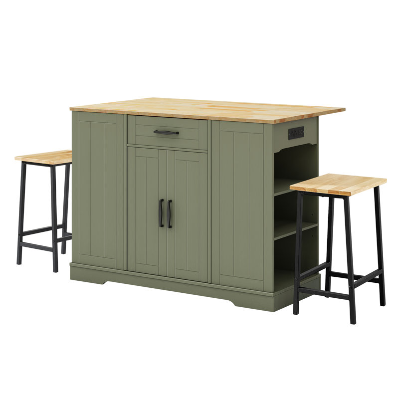 Kitchen Island With Storage Cabinet And Trash Cabinet,  3 Pieces Kitchen Dining Table Set With 2 Stools And Drop Leaf, Green