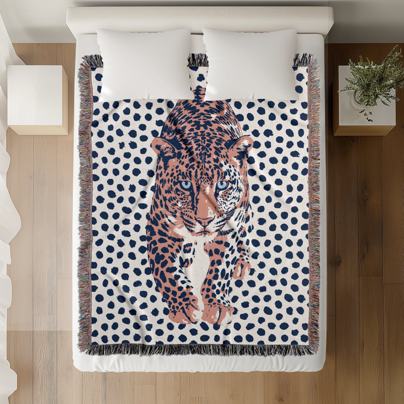 Jeté en mélange de coton Inky Leopard, Bleu / rose clair / blanc cassé, L 60 po x l 60 po
