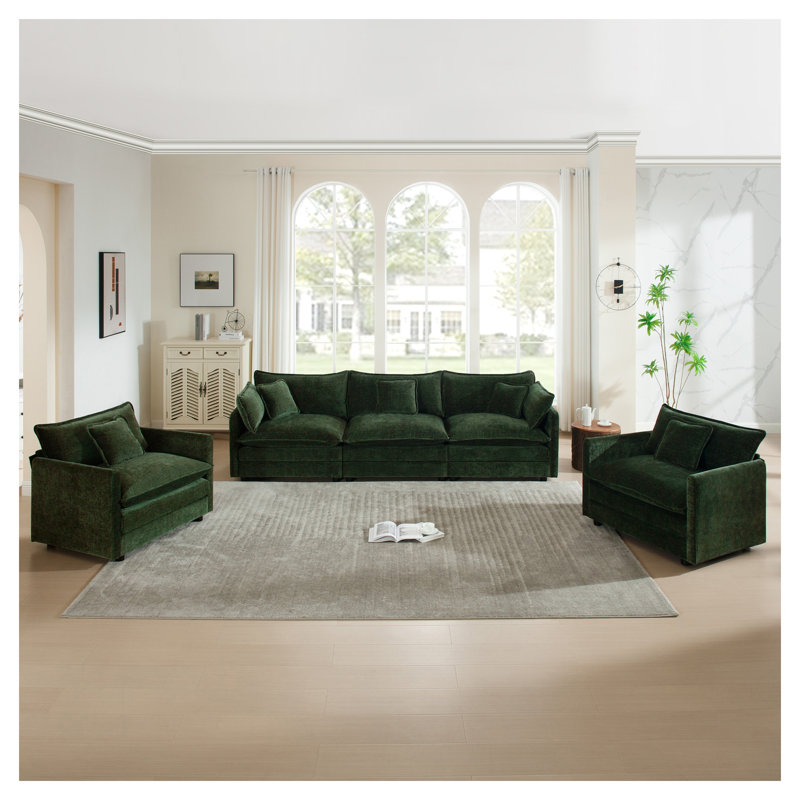 Ensemble de canapé modulaire 3 pièces en chenille vert 3 pièces, meubles de salon modernes 1 + 1 + 3 places avec chaises d'appoint