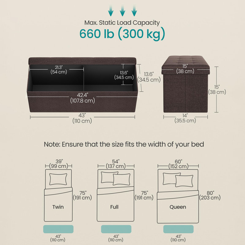 Banc de rangement avec repose-pieds 43 pouces, Brun
