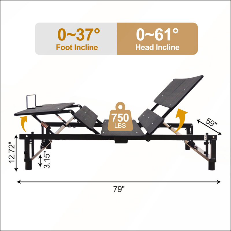 Adjustable Bed Base Frame with Head and Foot Incline, Wireless Remote, Zero Gravity, Quiet Motor, Black, Queen Size