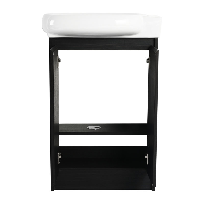 Meuble-lavabo moderne de 23 po avec lavabo, portes à fermeture en douceur, étagère de rangement, châtaignier noir, contreplaqué de haute qualité, rangement mural à trois niveaux, étagère réglable autoportante