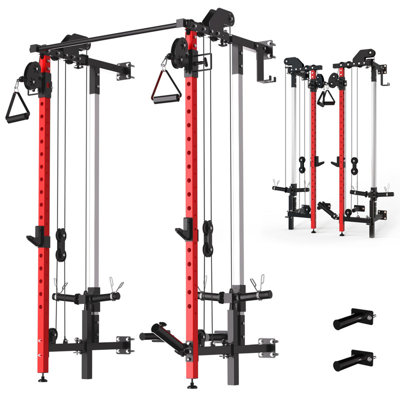 Folding Squat Rack, Wall Mounted Power Rack with Pulley System & Pull Up Bar, 5 Adjustable Modes for Small Spaces, Garage, Apartment, Red