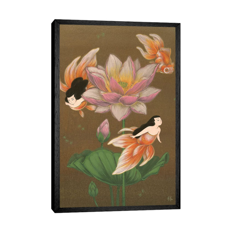 Goldfish Mermaids Summer Lotus by Martin Hsu - Print on Canvas, 101.6 cm H x 66.04 cm W, Black Framed