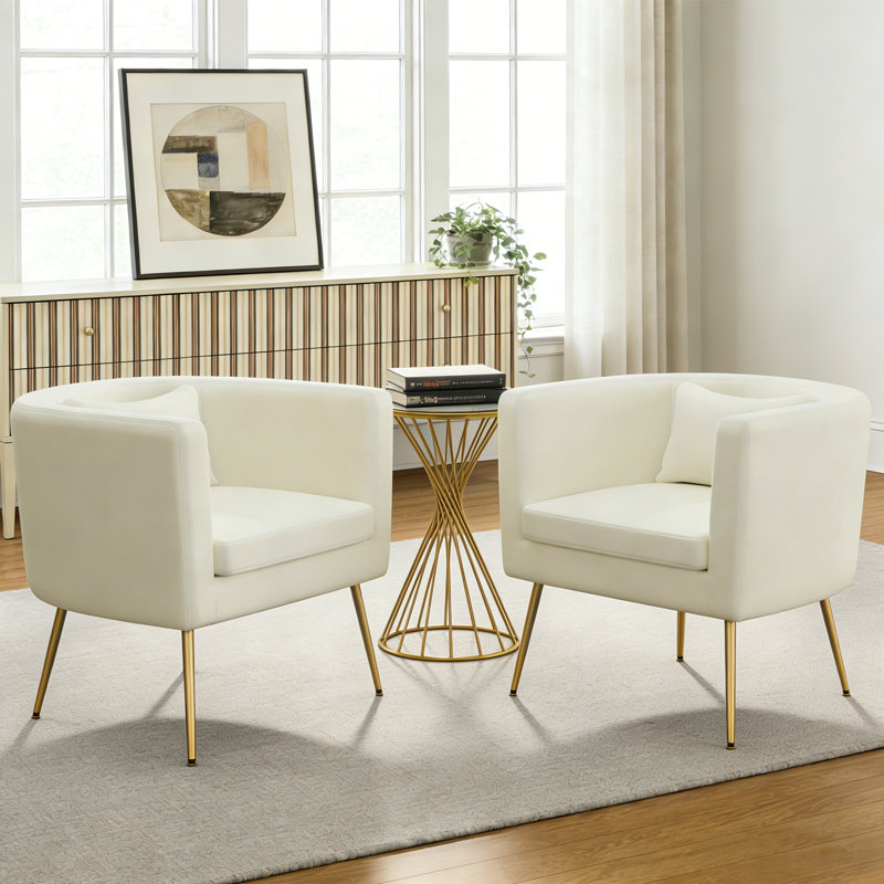 Upholstered Velvet Barrel Chair with Metal Legs, Ivory