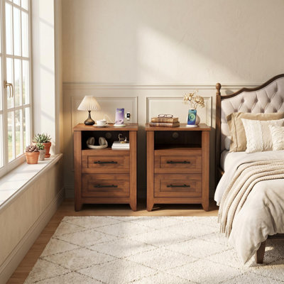Farmhouse Nightstand set of 2 with 2 Drawer and Open Compartment, Side Table with Charging Station, End Table with Storage Shelf for Bedroom, Living Room, Brown, 2PCS