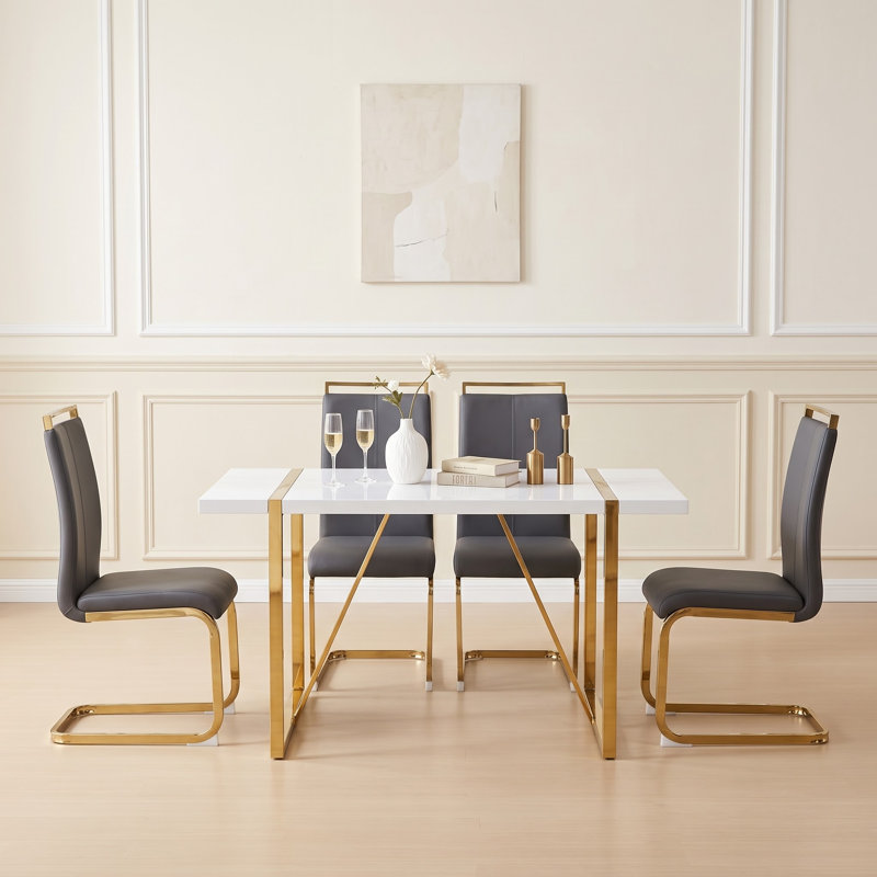 Ensemble de salle à manger 5 pièces rectangulaire moderne avec table haute brillance et chaises en porte-à-faux en similicuir