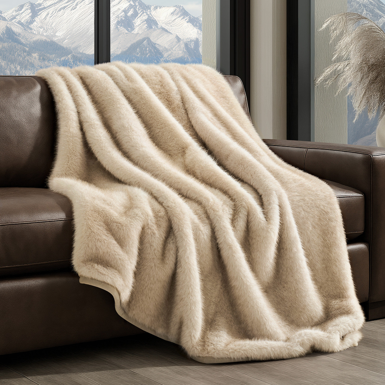 Luxe Faux Fur Throw Blanket, Twin, Tipped Golden Fox Ombre