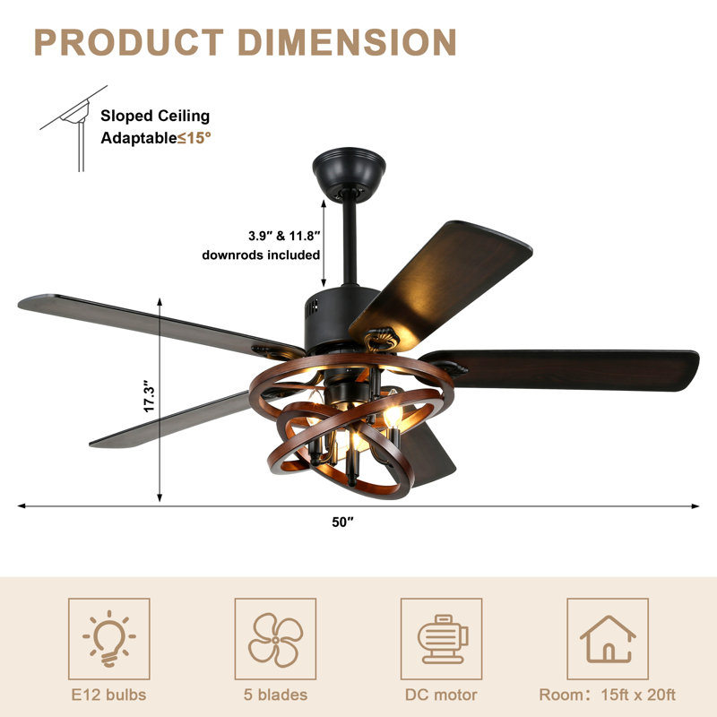 Ventilateur de plafond 50 po avec lumière et télécommande, moteur à courant continu réversible à 6 vitesses et cage en métal rustique