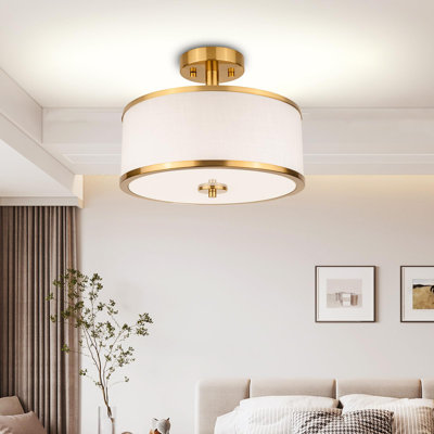 Plafonnier semi-encastré 3 lumières 3 lumières, tambour doré de 12,6 po avec abat-jour en tissu blanc, plafonnier moderne près du plafond