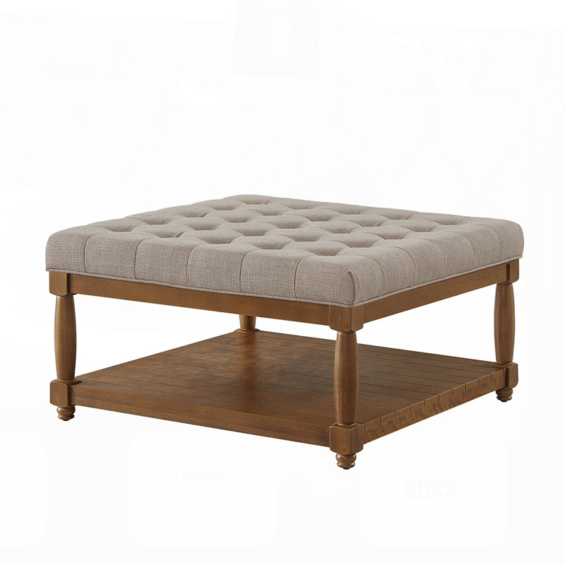 Large Square Upholstered Tufted Linen Ottoman Coffee Table, Ideal for Indoor and Outdoor Use with Solid Wood Shelf, Linen