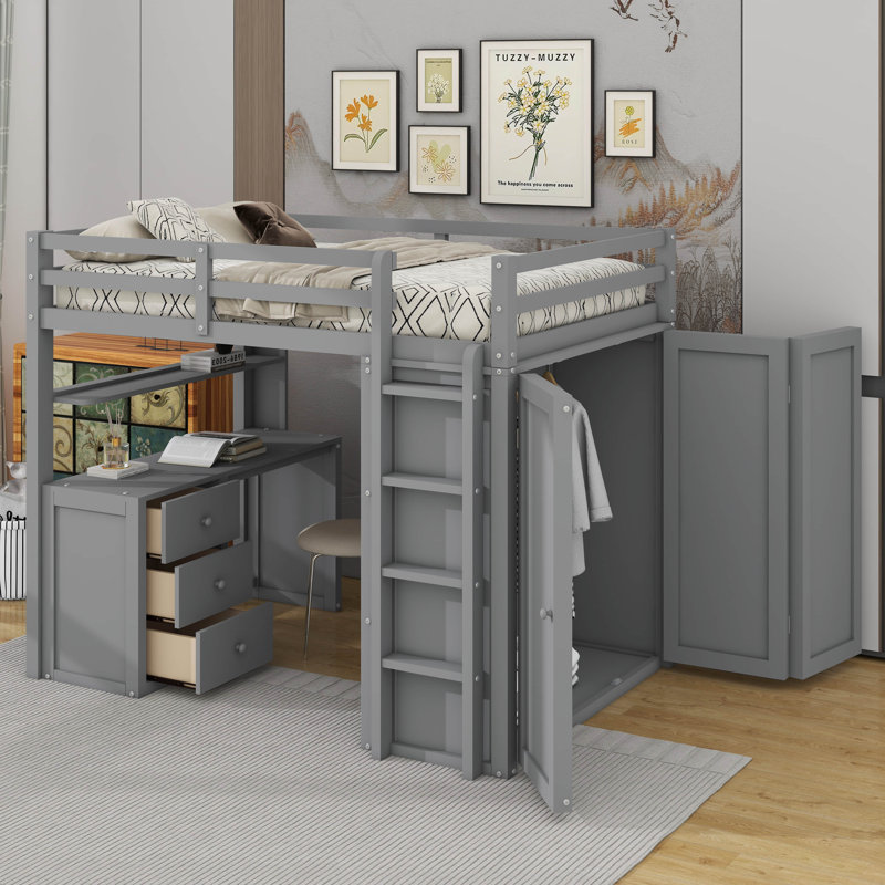 Loft Bed With Drawers,Desk,And Wardrobe, Gray
