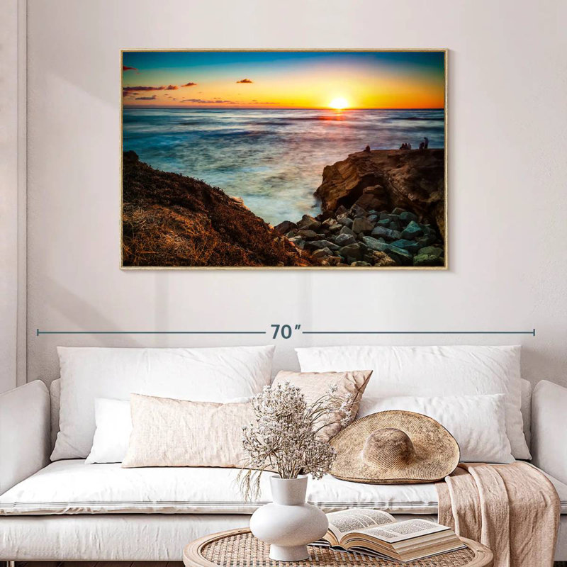 Coucher de soleil La Jolla Zabala, Cadre flottant en bois naturel, 46 po x 31 po