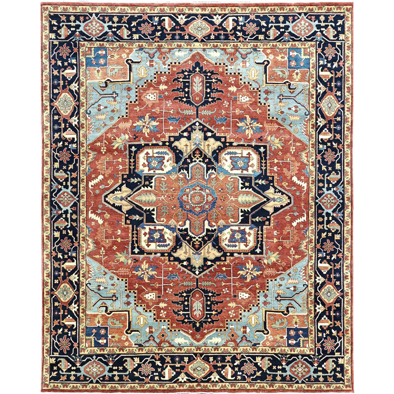 Hand Knotted Wool Area Rug in Red And Blue, Rectangle 8' x 10'