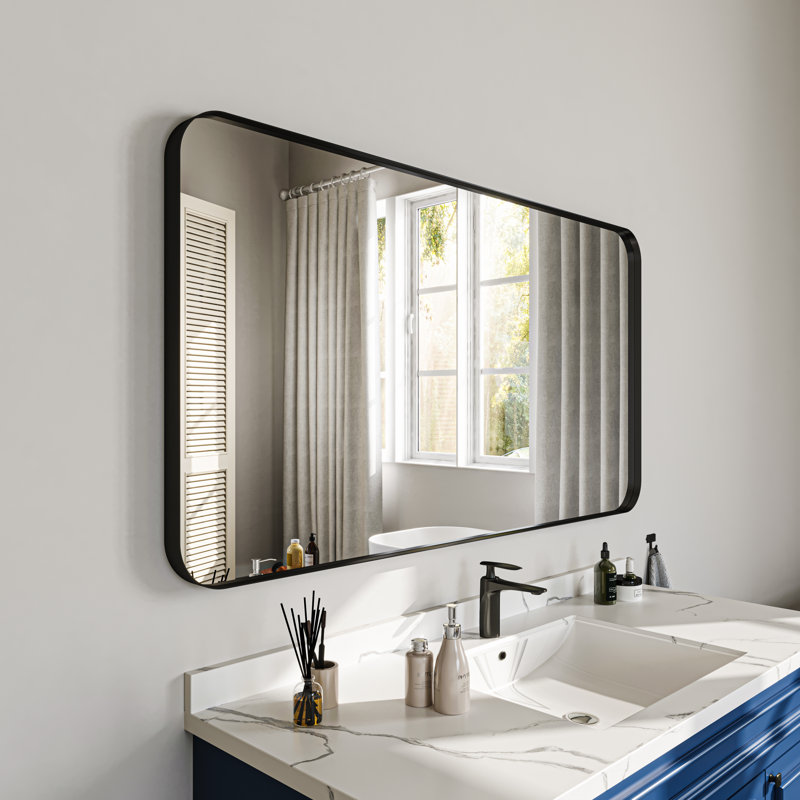 Waterpar Rounded Corner Rectangular Aluminum Framed Bathroom Vanity Mirror with Tempered Glass, French Cleat Mounted Wall Mirror, Shatterproof & Rust-Resistant
