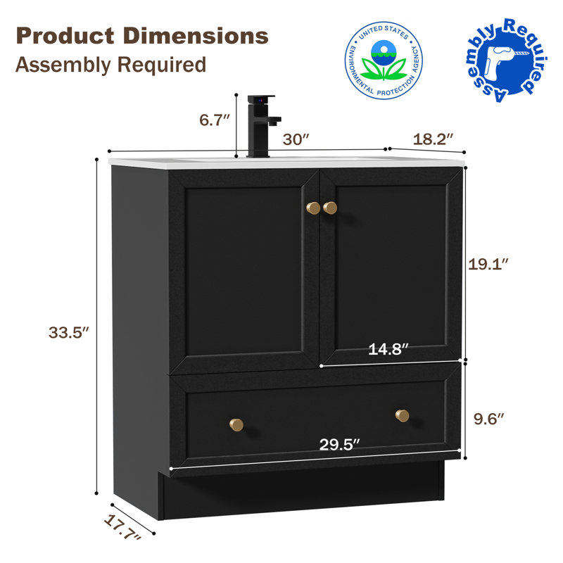 Romia 30'' Classic Bathroom Vanity with Sink Top, Bathroom Sink Faucet, Hand Paint, Gold Handles, Black