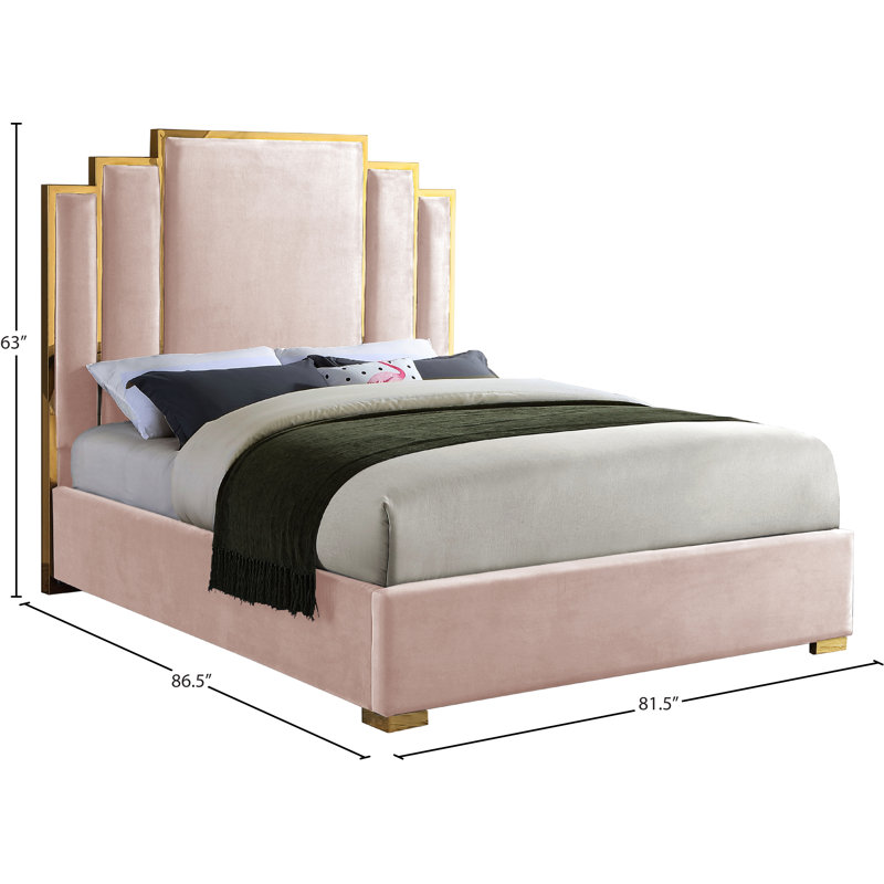 Lit plateforme tapissier Hugo, Très grand, Velours rose