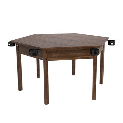 Board Game Table With Removable Table Top For 6 Players, Hexagon Gaming And Dining Table With Solid Wood Legs, Non-Slip Play Mat, Rotating Cup Holders-Rustic Brown