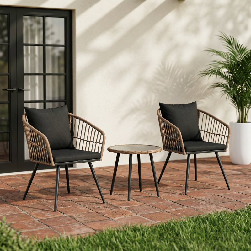 Ensemble de conversation d'extérieur pour 2 personnes avec chaises en osier et table d'appoint en verre, Black, Brun