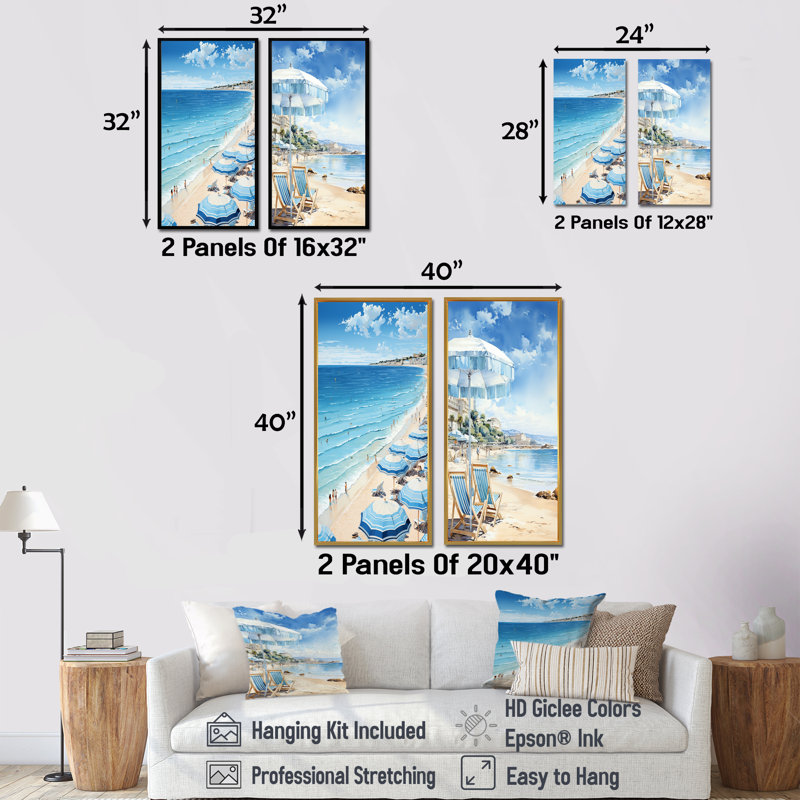 French Coast Cannes Harmony - Ensemble de 2 décorations murales plage et océan, Toile tendue, H 32 po x l 33 po