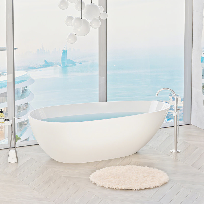 59" Freestanding Solid Surface Soaking Bathtub In Glossy White, Wide Sitting Area For Relaxation, Copper Drain System, Good Thermal Insulating Property White Made From Surface, Spa - Like Bathing