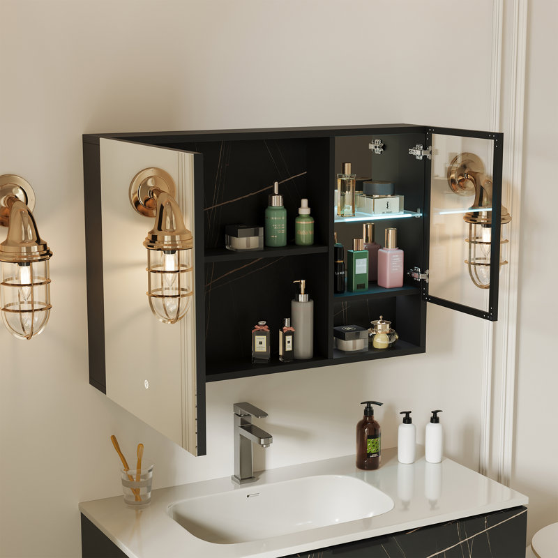 24 x 36 Inch LED Lighted Bathroom Medicine Mirror Cabinet,Black Wall-Mounted Medicine Cabinet, Easy to Install Aluminum Cabinet