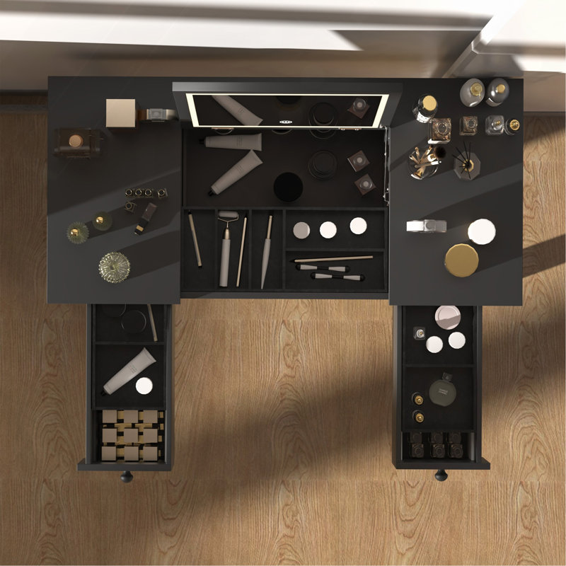 Bureau de coiffeuse multifonctionnel avec éclairage réglable à 3 niveaux avec miroir de rangement rabattable 15,75 po Table de maquillage profonde 2 tiroirs 3 boîtes de rangement amovibles Bureau de bureau compact noir