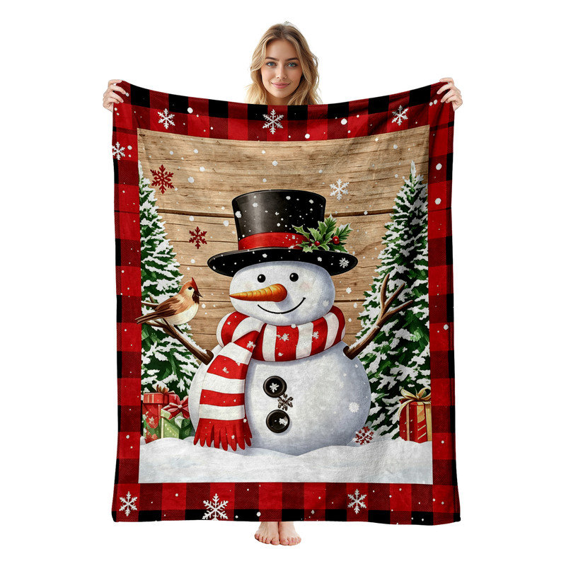 Plaid en flanelle polaire JYK pour Noël, léger, respirant, doux et chaud en microfibre pelucheuse, 102 x 127 cm, motif bonhomme de neige et oiseau.