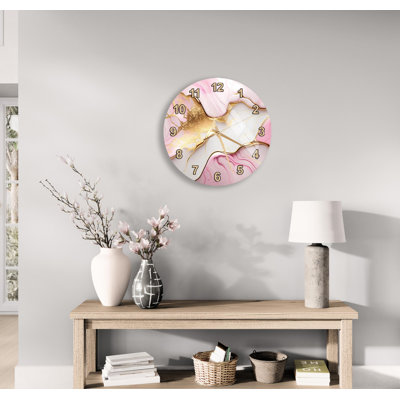Pink Marble Wall Clock, Tempered Glass Home Accent, Gold Abstract Decor - Modern Living Room Timepiece, Blush Bedroom Housewarming Gift