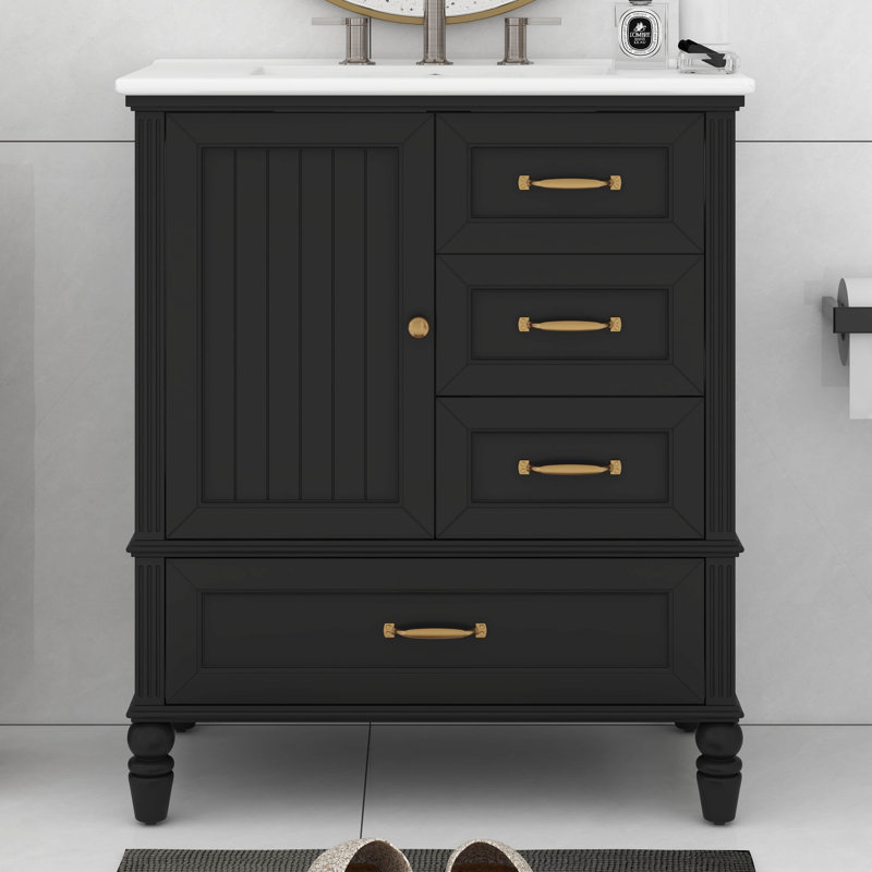 Meuble-lavabo de 30 po avec lavabo, armoire de salle de bain avec porte et trois tiroirs, pieds en bois massif et panneau de fibres à densité moyenne, patins réglables