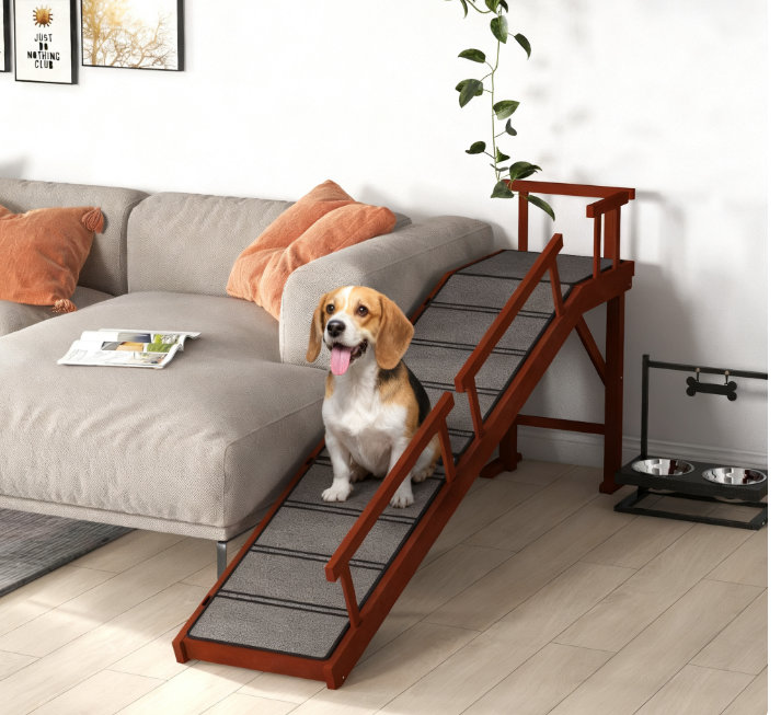 Rampe pour chien en bois avec garde-corps, surface antidérapante, brun, H 33,1 po x l 73,2 po x P 15,7 po