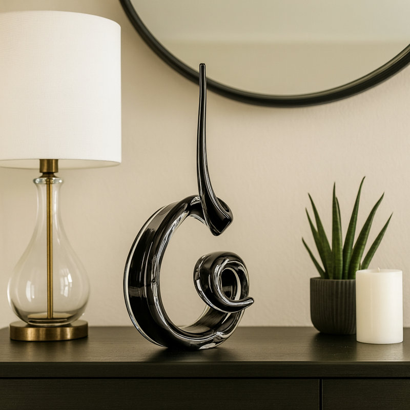 Stylish Abstract Swirl Glass Sculpture Statue - Decorations For Living Room, And Home Decor - Decorative Objects For Mantel Accent - 16", Black