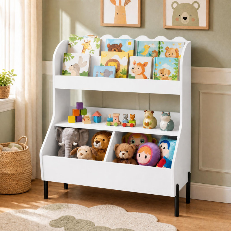Bibliothèque de rangement en bois pour jouets d'enfants avec 2 bacs et tablette ouverte, blanc naturel, Blanc